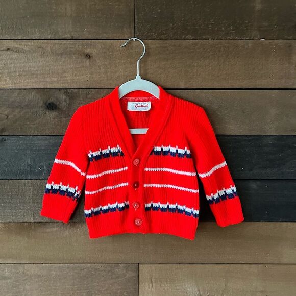 Vintage Other - Vintage 70s Kids Cherry Red & Blue Stripe Cardigan Knit Sweater